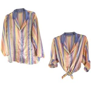 Vintage Christian Dior Lingerie Silky Pastel Striped Pajama Top Blouse Ladies L